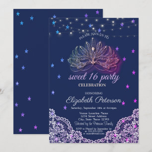 Masquerade,String Lights,Stars,Lace Sweet 16 Invitation