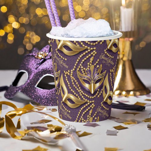 Masquerade Sweet 16 Beads Masks Purple ID1032 Paper Cups