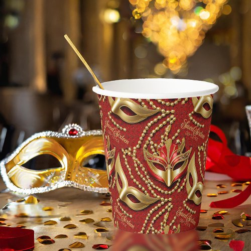 Masquerade Sweet 16 Beads Masks Red ID1032 Paper Cups