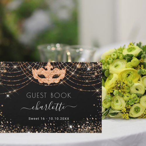 Masquerade Sweet 16 black gold glitter party Guest Book