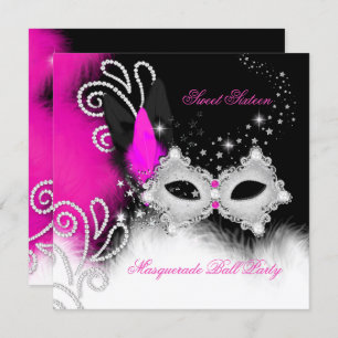 Masquerade Sweet 16 Hot Pink Black Feather Mask 2b Invitation
