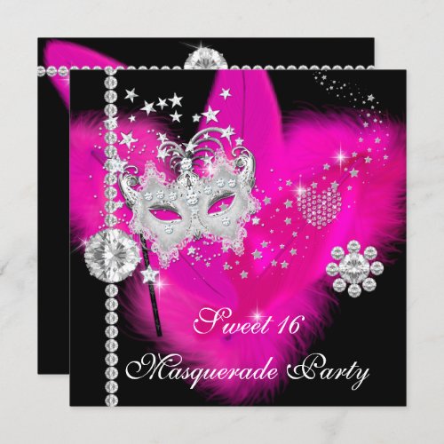 Masquerade Sweet 16 Hot Pink Black Feather Mask Invitation