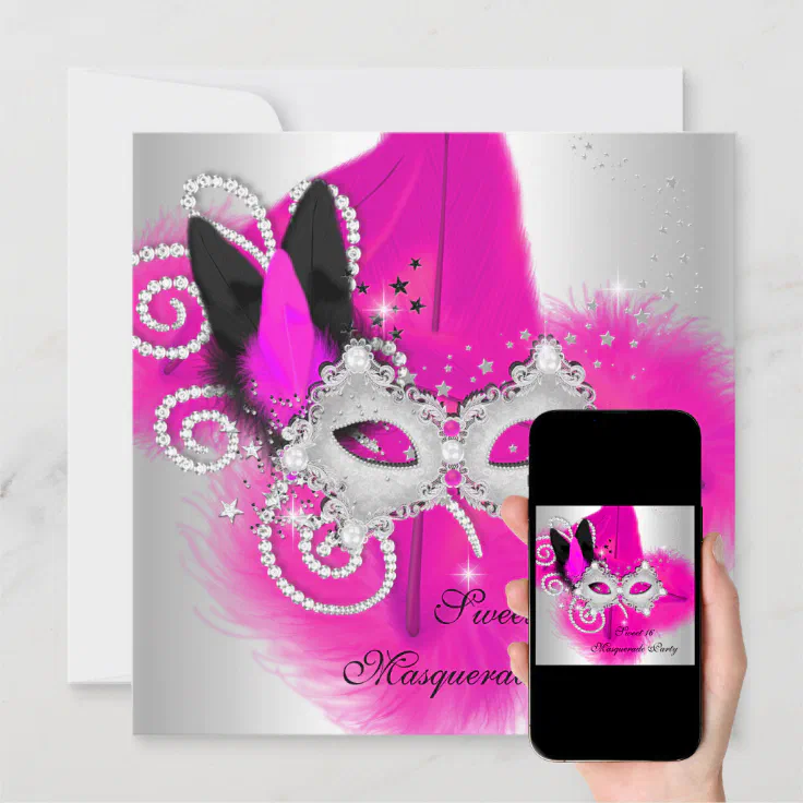 Masquerade Sweet 16 Hot Pink Black Feather Mask Invitation Zazzle