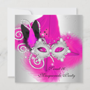 Masquerade Sweet 16 Hot Pink Black Feather Mask Invitation
