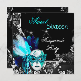 Masquerade Sweet 16 Mask Teal Blue Black Party Invitation