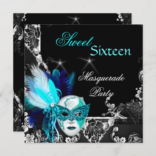 Masquerade Sweet 16 Mask Teal Blue Black Party Invitation