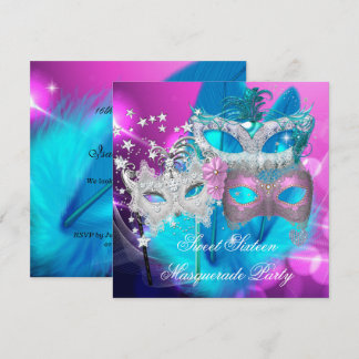Masquerade Sweet 16 Pink Purple Teal Mask Invitation