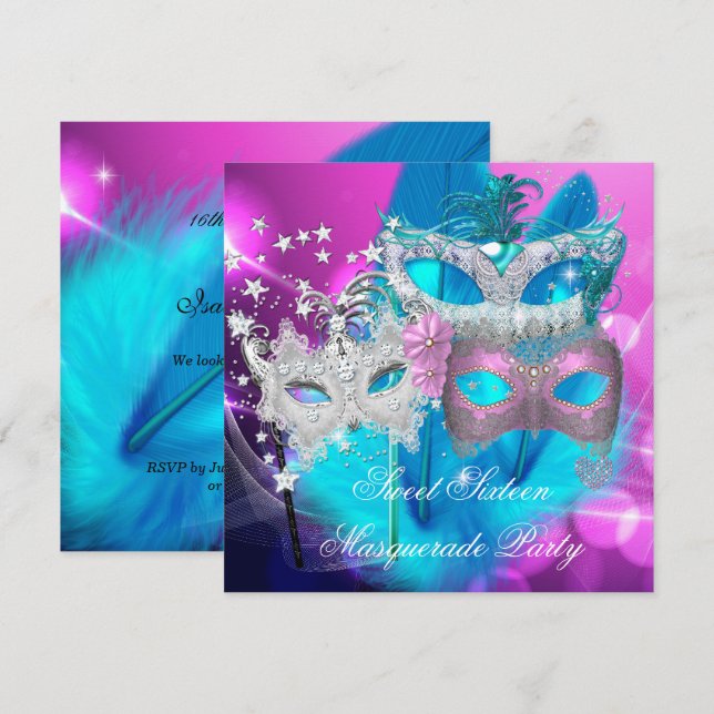 Masquerade Sweet 16 Pink Purple Teal Mask Invitation (Front/Back)