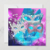 Masquerade Sweet 16 Pink Purple Teal Mask Invitation (Front)