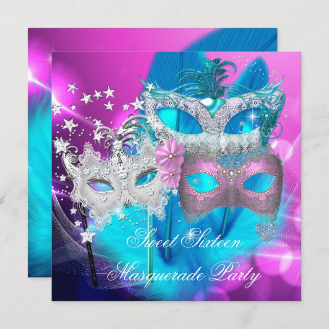 Masquerade Sweet 16 Pink Purple Teal Mask Invitation (Front/Back)