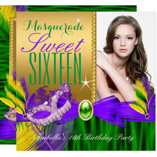 Masquerade Sweet 16 Purple Green Gold Feather Mask Invitation