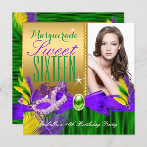 Masquerade Sweet 16 Purple Green Gold Feather Mask Invitation