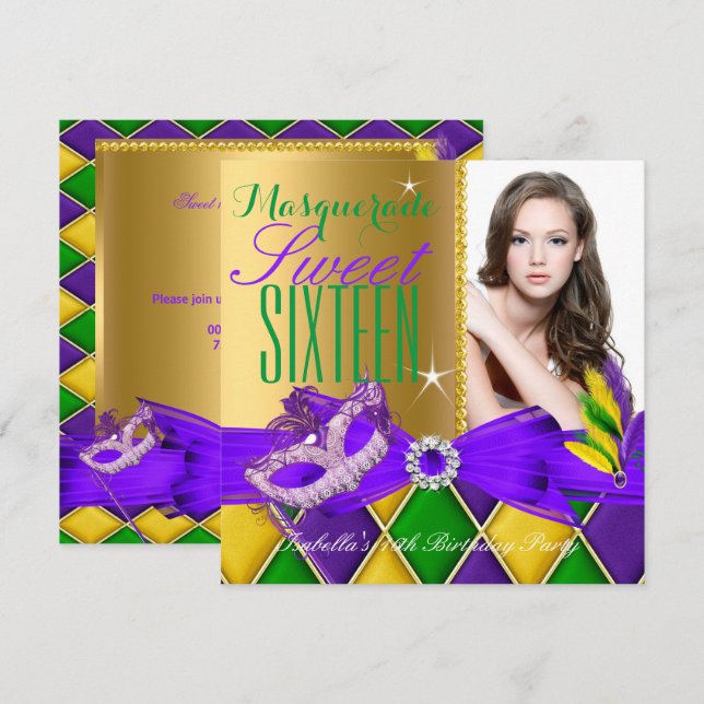 Masquerade Sweet 16 Purple Green Gold Invitation (Front/Back)
