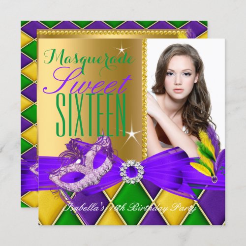 Masquerade Sweet 16 Purple Green Gold Invitation