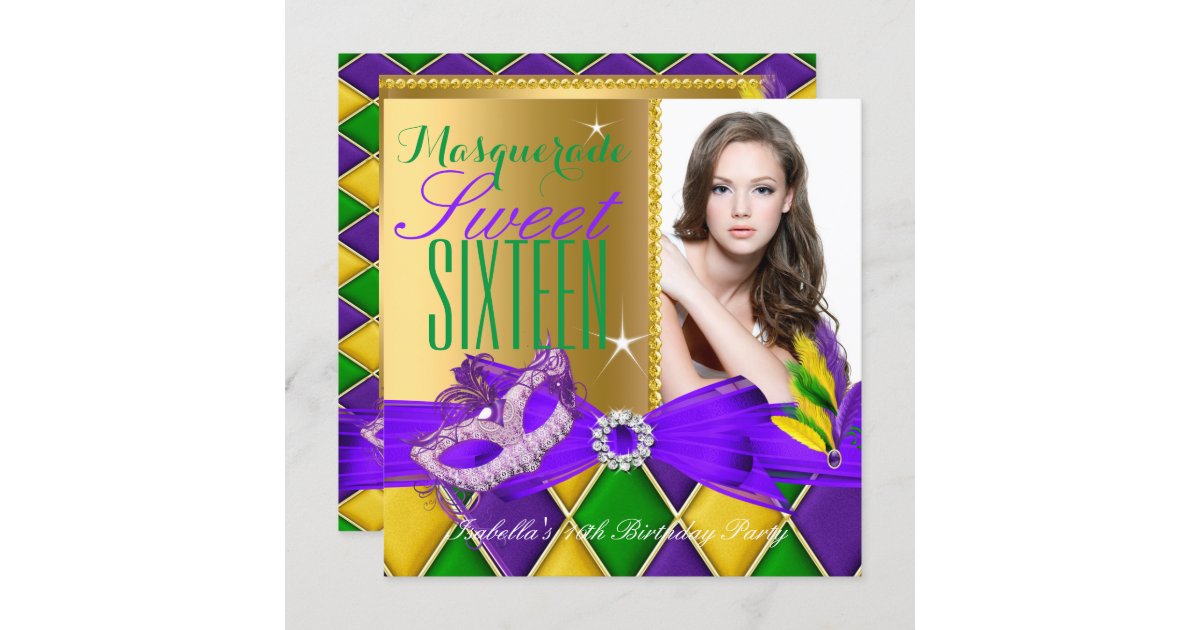 Masquerade Sweet 16 Purple Green Gold Invitation Zazzle