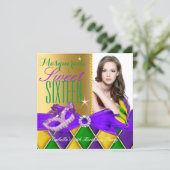 Masquerade Sweet 16 Purple Green Gold Invitation (Standing Front)