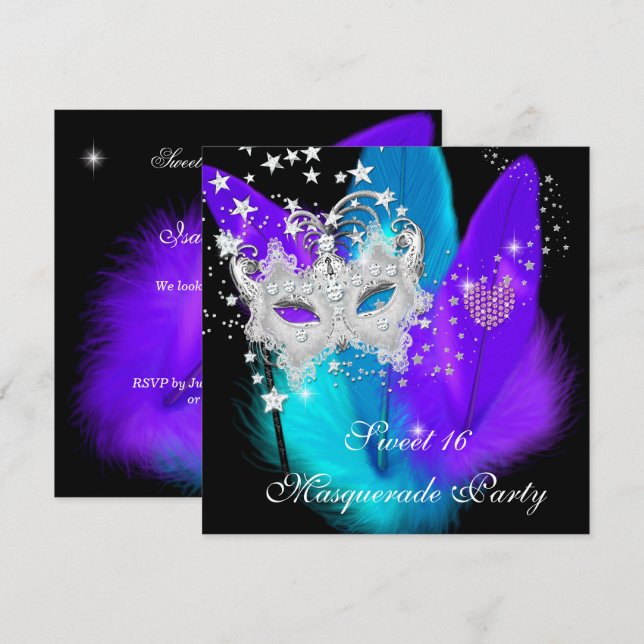 Masquerade Sweet 16 Purple Teal Black Feather Mask Invitation (Front/Back)