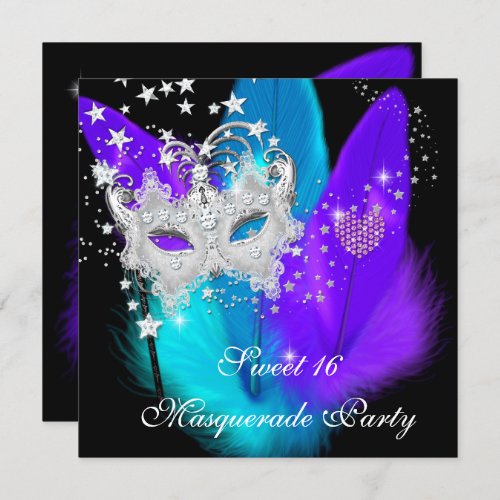 Masquerade Sweet 16 Purple Teal Black Feather Mask Invitation