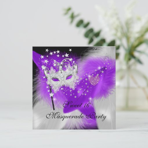 Masquerade Sweet 16 Purple White Feather Mask Invitation Zazzle