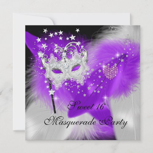 Masquerade Sweet 16 Purple White Feather Mask Custom Invite
