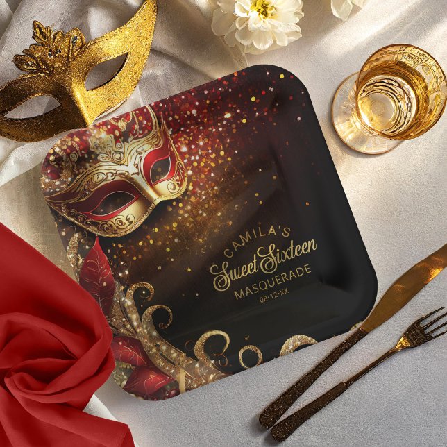 Masquerade Sweet 16 Red Gold ID1032 Paper Plates (Creator Uploaded)