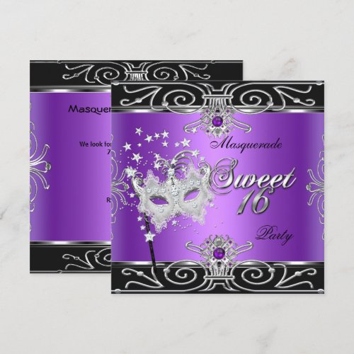 Masquerade Sweet 16 Sixteen Birthday Purple Black Personalized Announcements