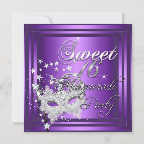 Masquerade Sweet 16 Sixteen Birthday Purple White Personalized Announcement