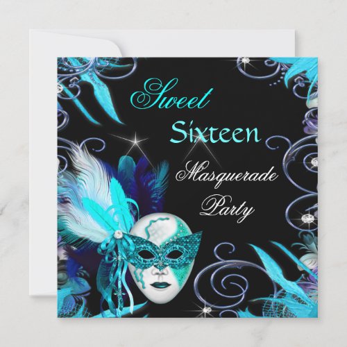 Masquerade Sweet 16 Sixteen Teal Blue Mask Party Invitation