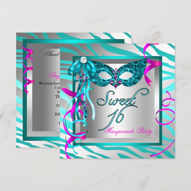 Masquerade Sweet 16 Sixteen Teal Blue Zebra Invitation (Front/Back)