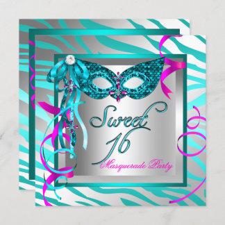 Masquerade Sweet 16 Sixteen Teal Blue Zebra Invitation