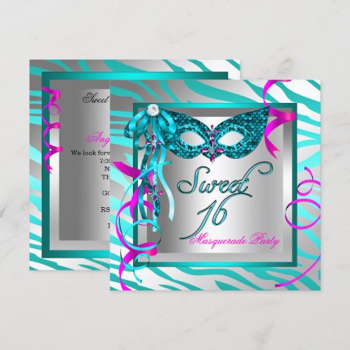 Masquerade Sweet 16 Sixteen Teal Blue Zebra Personalized Announcement