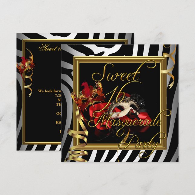 Masquerade Sweet 16 Sweet Sixteen Zebra Red Invitation (Front/Back)