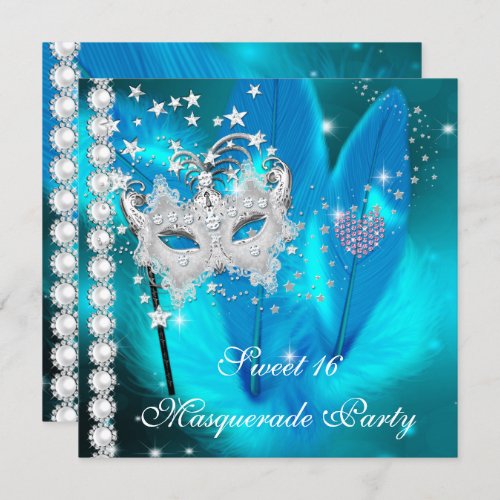 Masquerade Sweet 16 Teal Black Feather Mask 2 Invitation