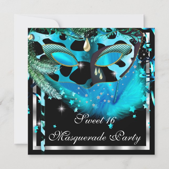 Masquerade Sweet 16 Teal Black Feather Mask 3 Invitation (Front)