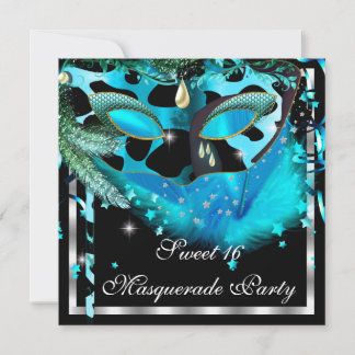 Masquerade Sweet 16 Teal Black Feather Mask 3 Invitation