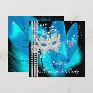 Masquerade Sweet 16 Teal Black Feather Mask Invitation
