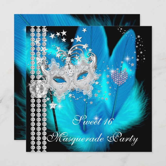 Masquerade Sweet 16 Teal Black Feather Mask Invitation (Front/Back)