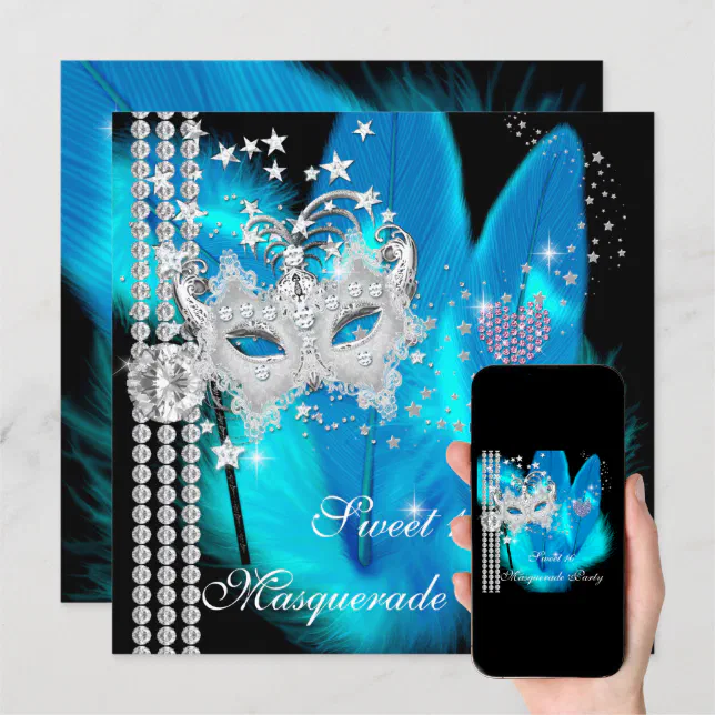 Masquerade Sweet 16 Teal Black Feather Mask Invitation Zazzle