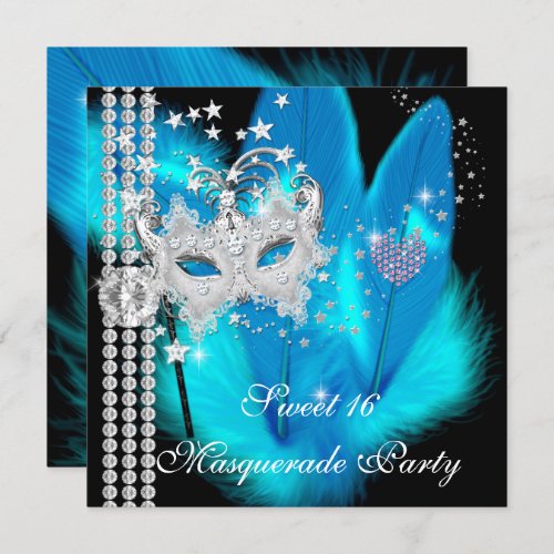 Masquerade Sweet 16 Teal Black Feather Mask Invitation