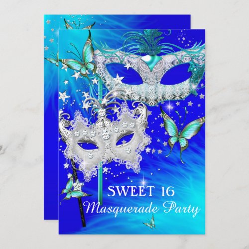 Masquerade Sweet 16 Teal Blue Diamond Mask Invitation