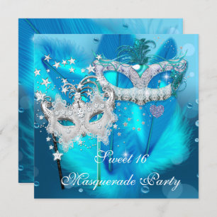 Masquerade Sweet 16 Teal Blue Feather Mask 3 Invitation