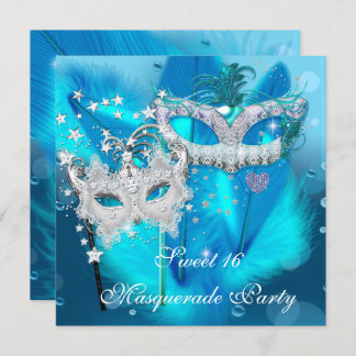 Masquerade Sweet 16 Teal Blue Feather Mask 3 Invitation