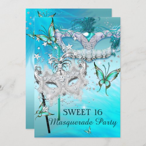 Masquerade Sweet 16 Teal Diamond Mask Invitation