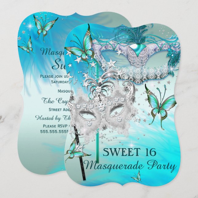 Masquerade Sweet 16 Teal Mint Diamond Mask Invitation (Front/Back)