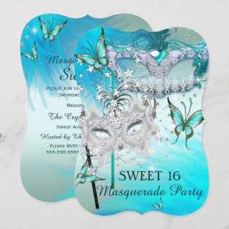 Masquerade Sweet 16 Teal Mint Diamond Mask Invitation