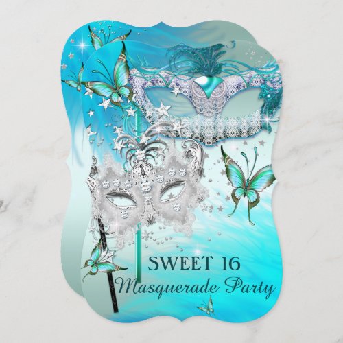 Masquerade Sweet 16 Teal Mint Diamond Mask Invitation