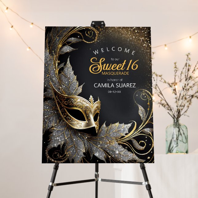 Masquerade Sweet 16 Welcome Black Gold ID1032 Foam Board (In Situ (Stand))