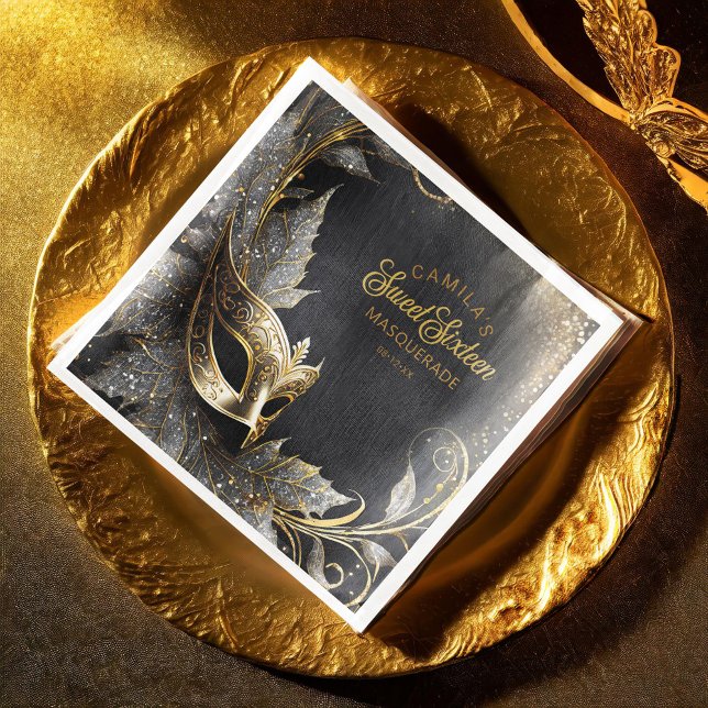 Masquerade Sweet 16 Welcome Black Gold ID1032 Paper Dinner Napkins (Creator Uploaded)