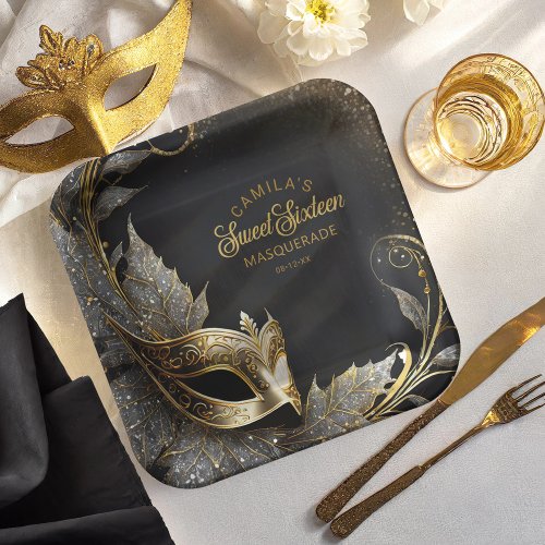 Masquerade Sweet 16 Welcome Black Gold ID1032 Paper Plates