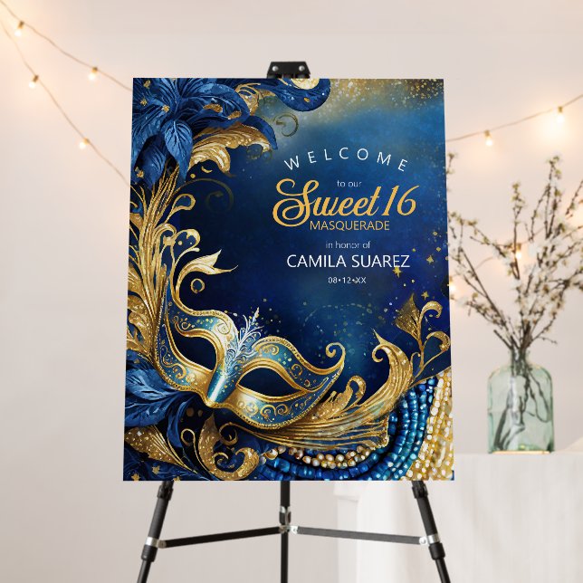 Masquerade Sweet 16 Welcome Blue Gold ID1032 Foam Board (In Situ (Stand))
